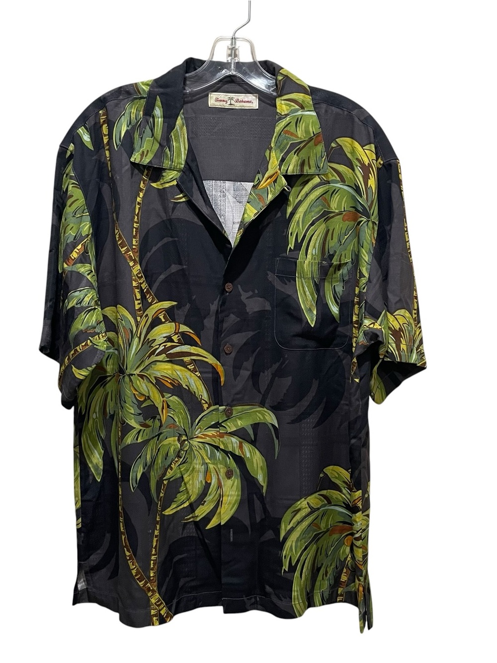 Tommy Bahama Palm Tree Hawaiian Camp Shirt Black Green 100% Silk Men Size Medium
